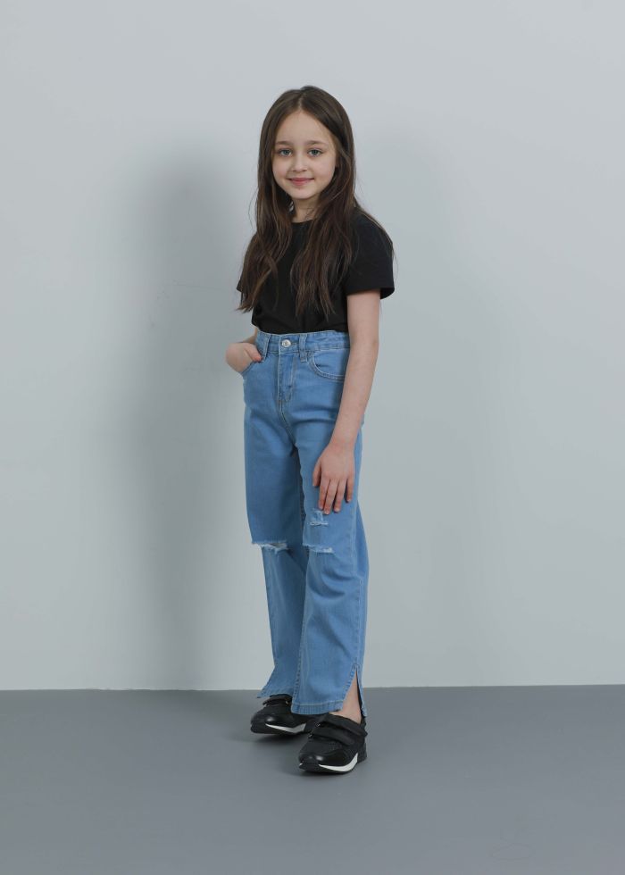 Kids Girl Wide High Waist Fit Ripped Jeans Trouser