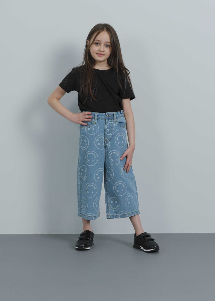 Kids Girl Smiley Face Printed Jeans Trouser
