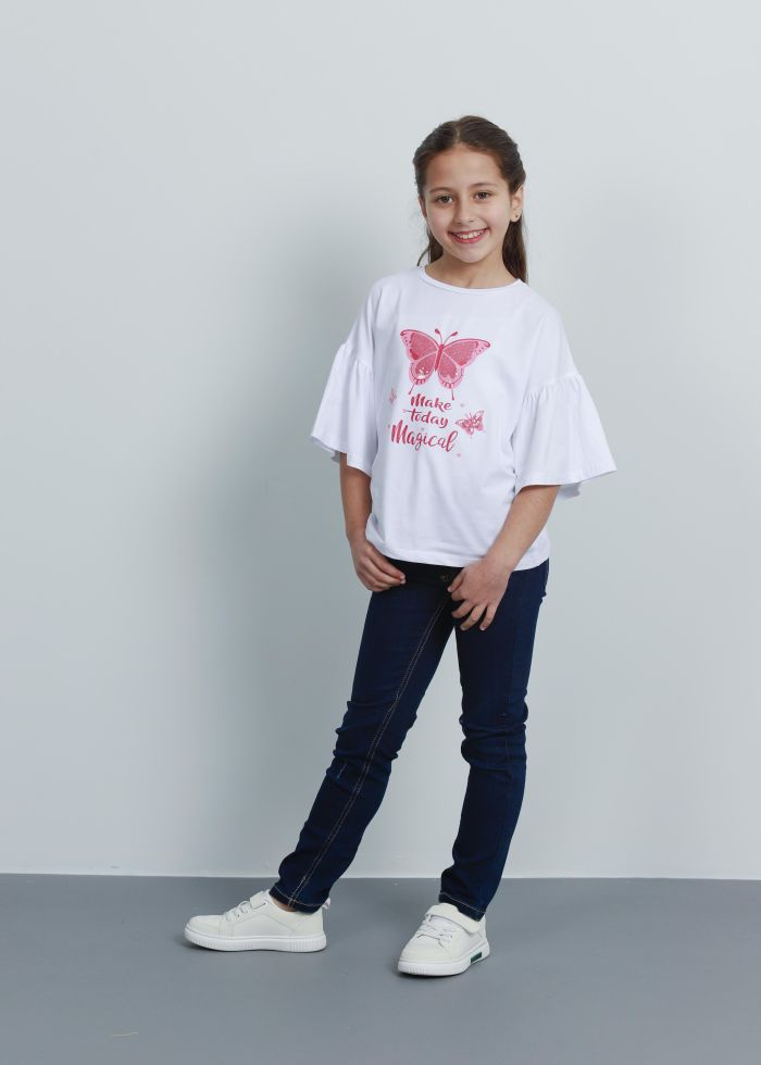Kids Girl Glittery Butterfly Printed Oversize T-Shirt