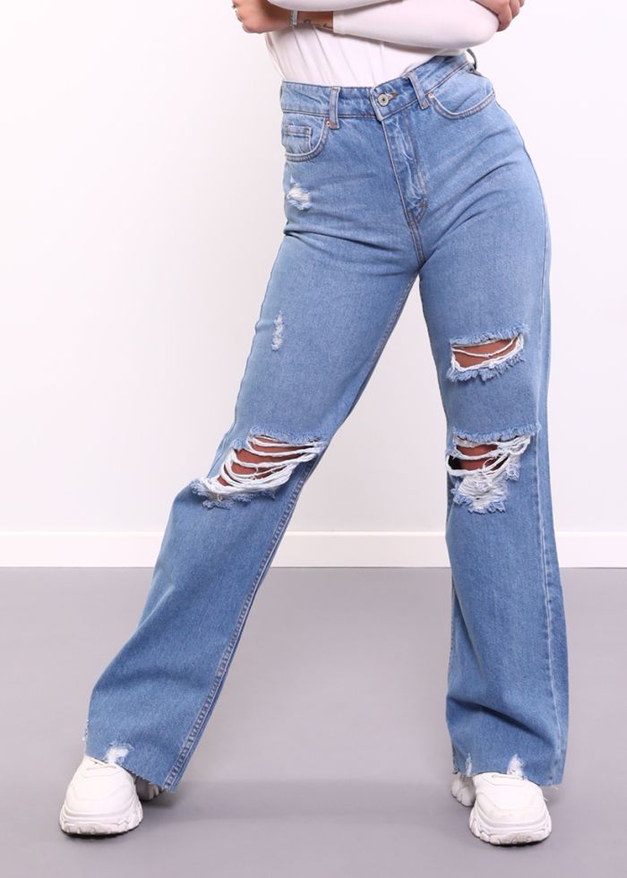 Women’s Distressed Jeans Trouser, High Waist, Wide