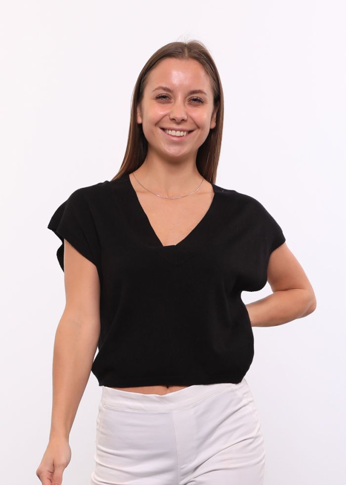 Women’s Short Wide Blouse with Short Sleeves and V Neck