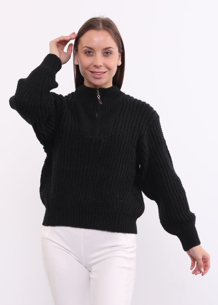 Long-Sleeve, Knitted Women's Waffle Sweater with a Zipper