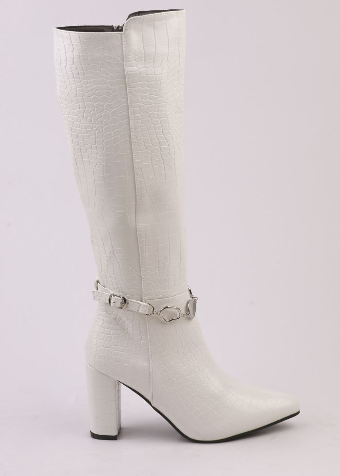 Women Croc-Embossed Leather Heels Boots