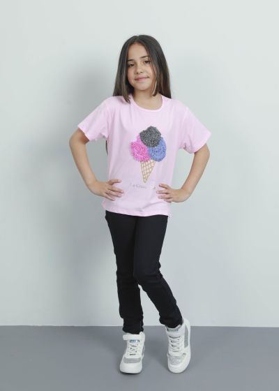 Kids Girl Ruffled Ice-Cream Design Printed T-Shirt