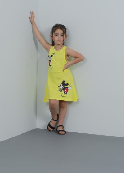 فستان أطفال بناتي قصير بطباعة تصميم ميكي ماوس