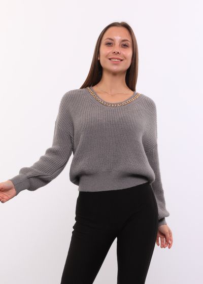 Women’s Short, Wide, Long sleeves with tight cuff, Round Neck with Necklace, Blouse