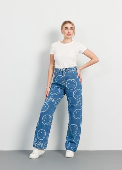 Women Wide-Leg Smile Design Jeans Trouser